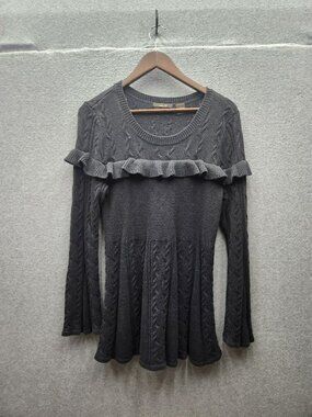 Heather B Knit Sweater With Ruffle Detail Gray XL Cotton Blend Long Sleeve